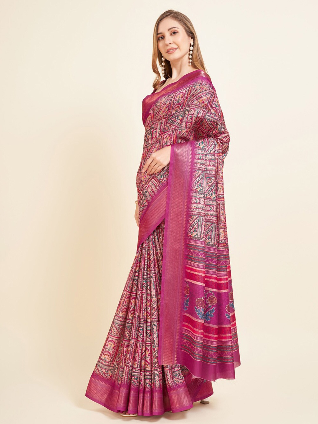 

WINKLECART Zari Geometric Printed Saree, Pink