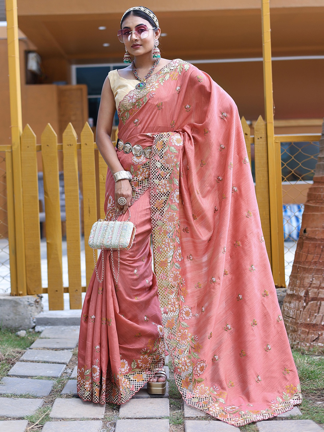 

Munir Peach Coloured & Green Ethnic Motifs Embroidered Silk Saree