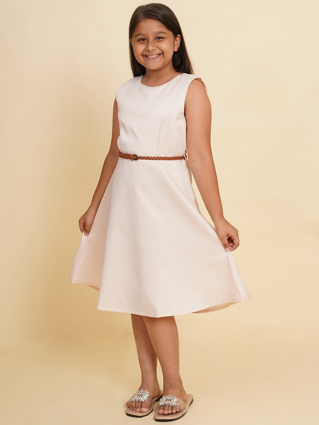 

RAASSIO Girls Dobby A-Line Dress with Belt, Pink