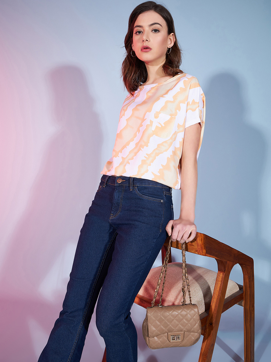 

DressBerry White Printed Round Neck Tie and Dye Top