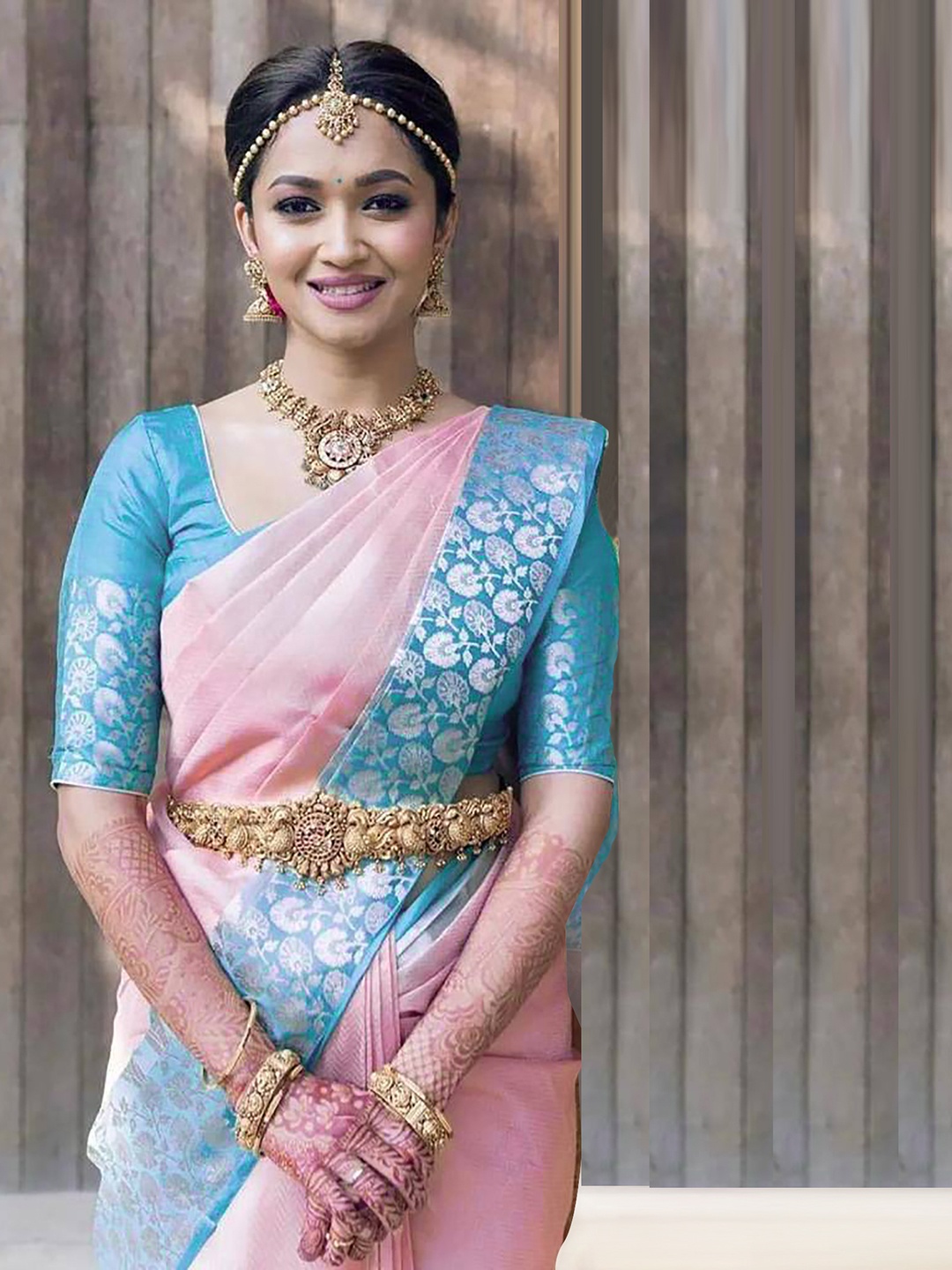 

KALINI Geometric Woven Design Zari Detail Kanjeevaram Saree, Peach