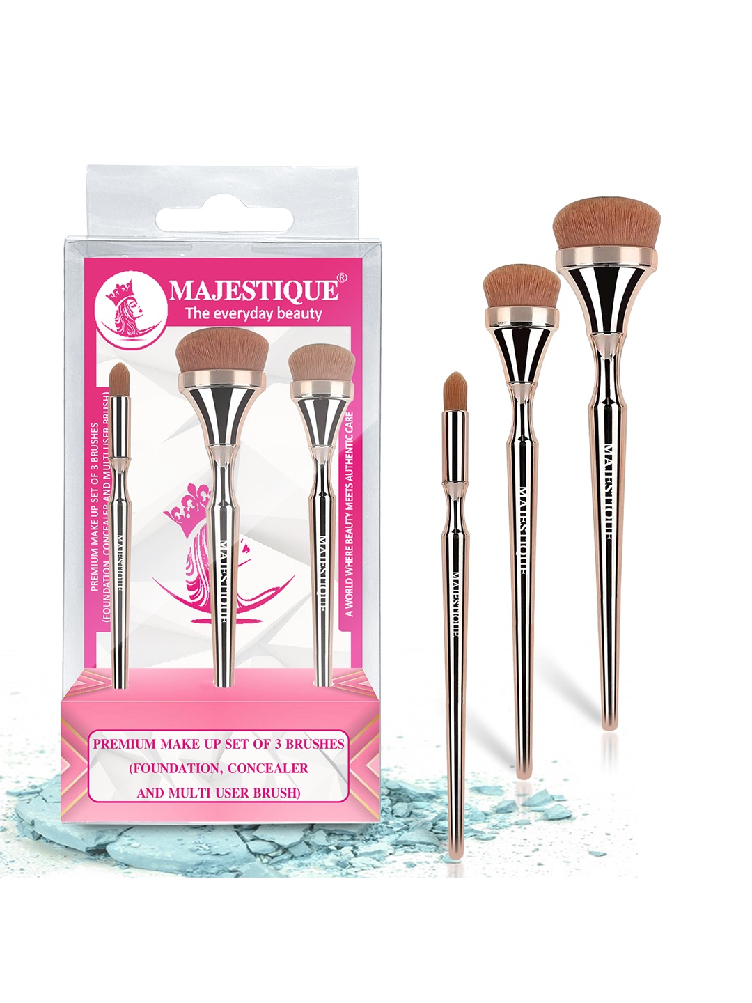 

MAJESTIQUE Set Of 3 Luminous HD Foundation Eyeshadow & Lip Brus, Gold