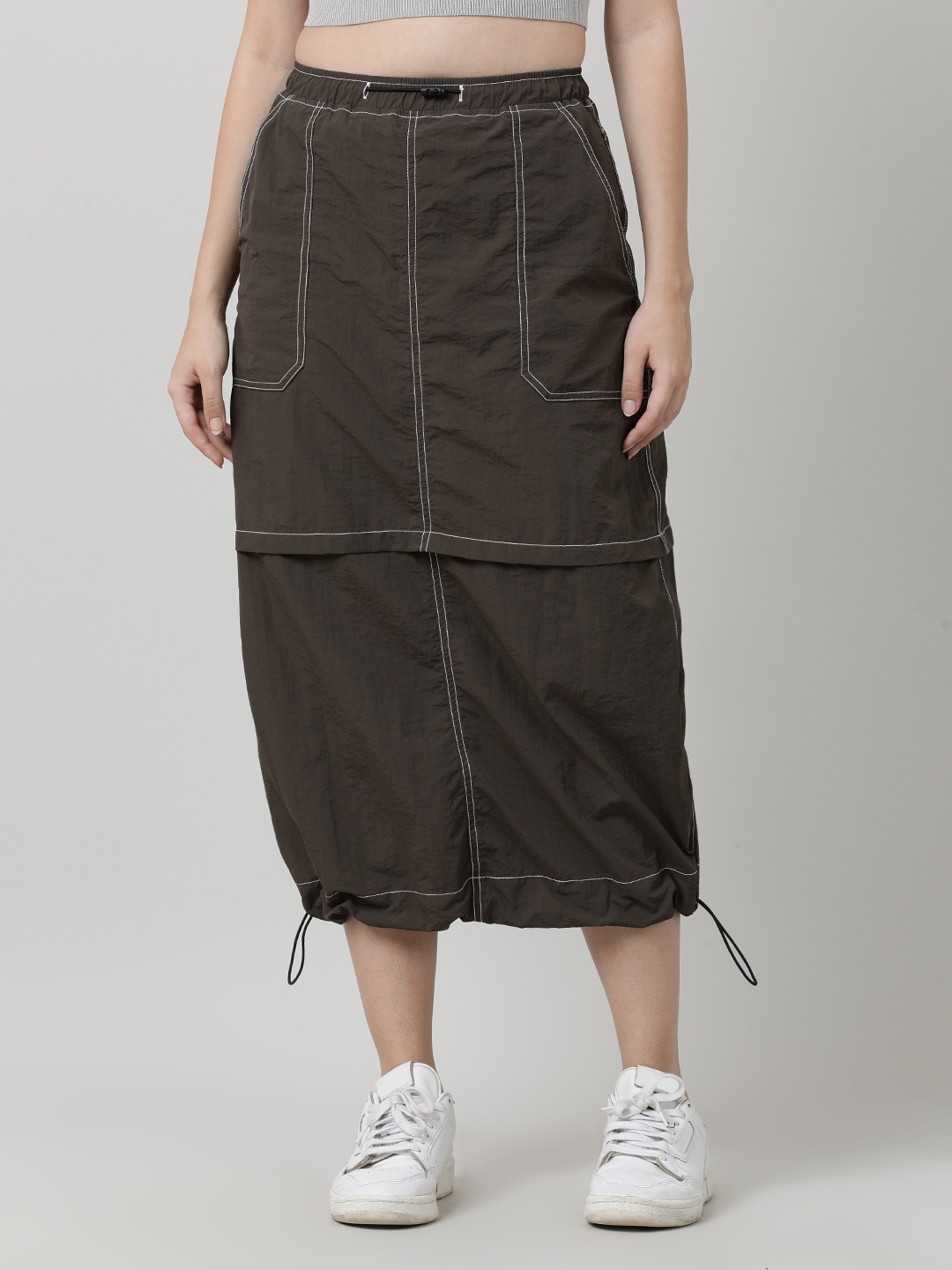 

Bene Kleed Women Parachute Fit Midi Skirt with contrast Stitch, Olive
