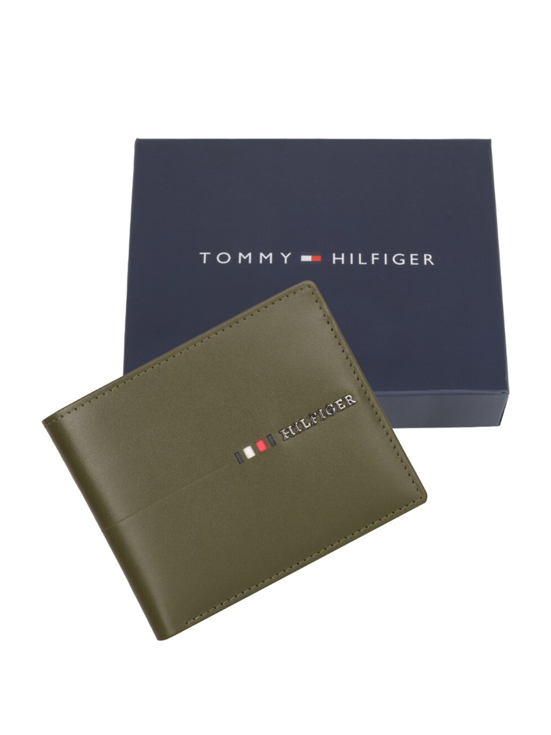 

Tommy Hilfiger Brand Logo Leather Two Fold Wallet, Olive