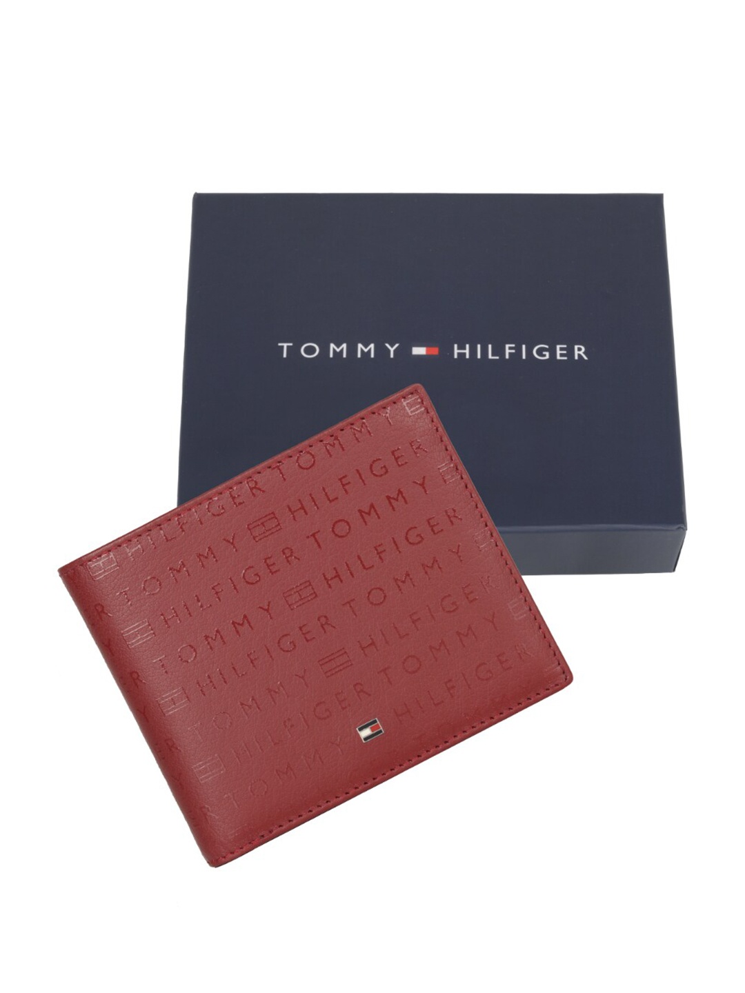 

Tommy Hilfiger Men Typography Printed Leather Two Fold Wallet, Maroon