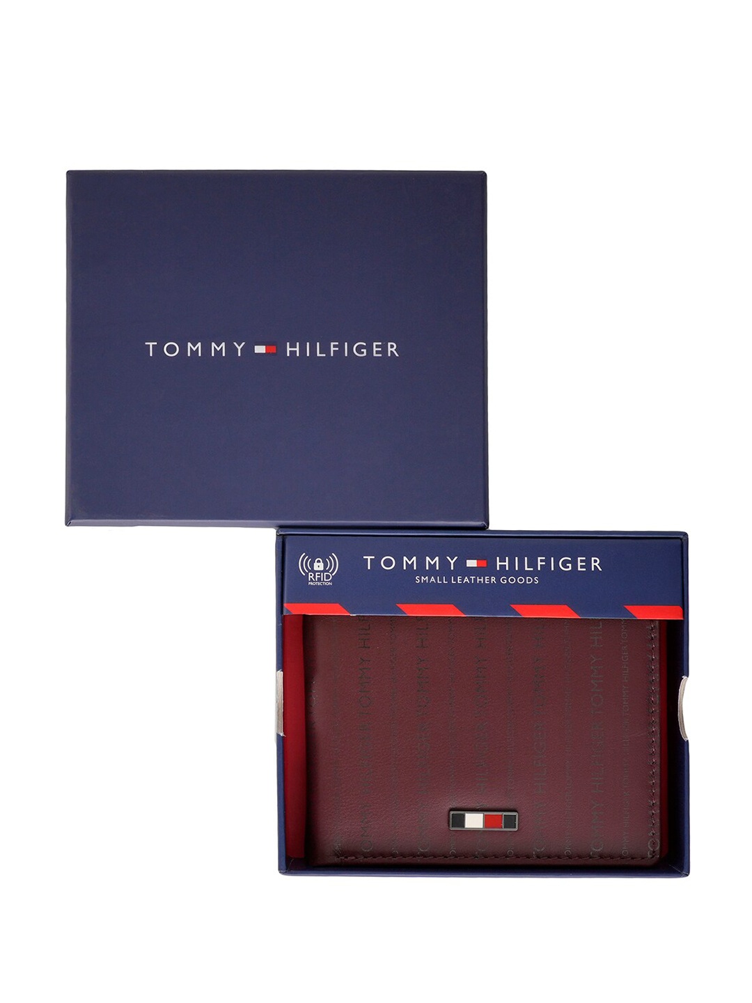 

Tommy Hilfiger Typography Printed Rfid Leather Two Fold Wallet, Maroon