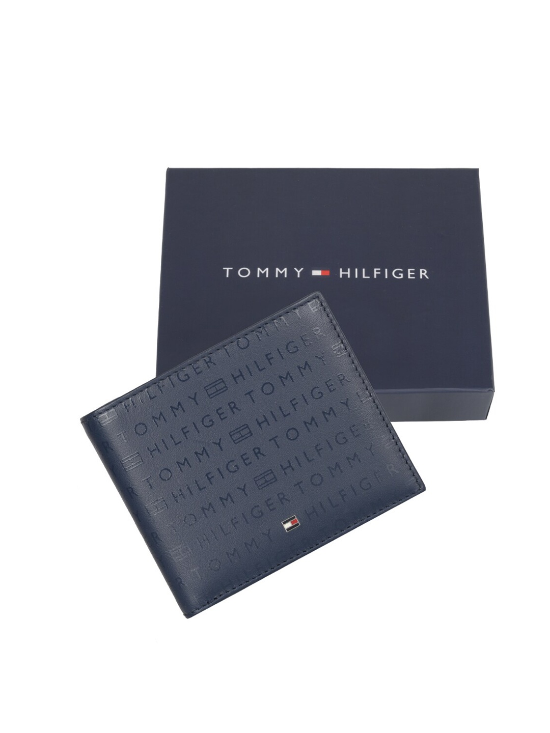 

Tommy Hilfiger Men Typography Printed Leather Two Fold Wallet, Navy blue