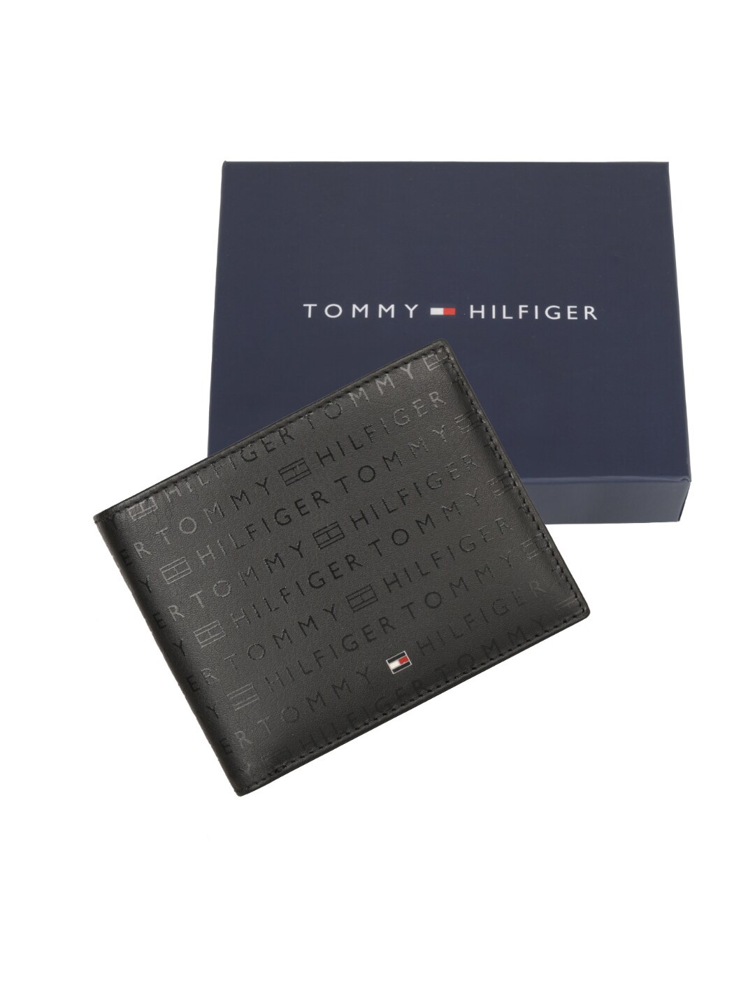 Tommy Hilfiger Men Typography Printed Leather Two Fold Wallet, Black