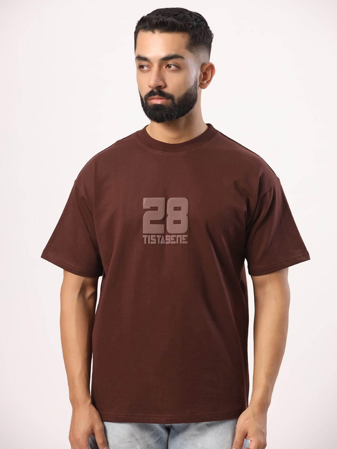 

Tistabene Typography Printed Applique Oversized Cotton T-shirt, Brown