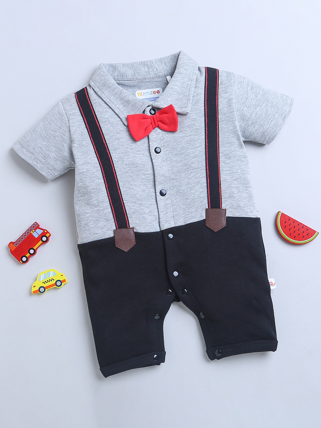 

BUMZEE Infants Boys Printed Cotton Rompers, Grey