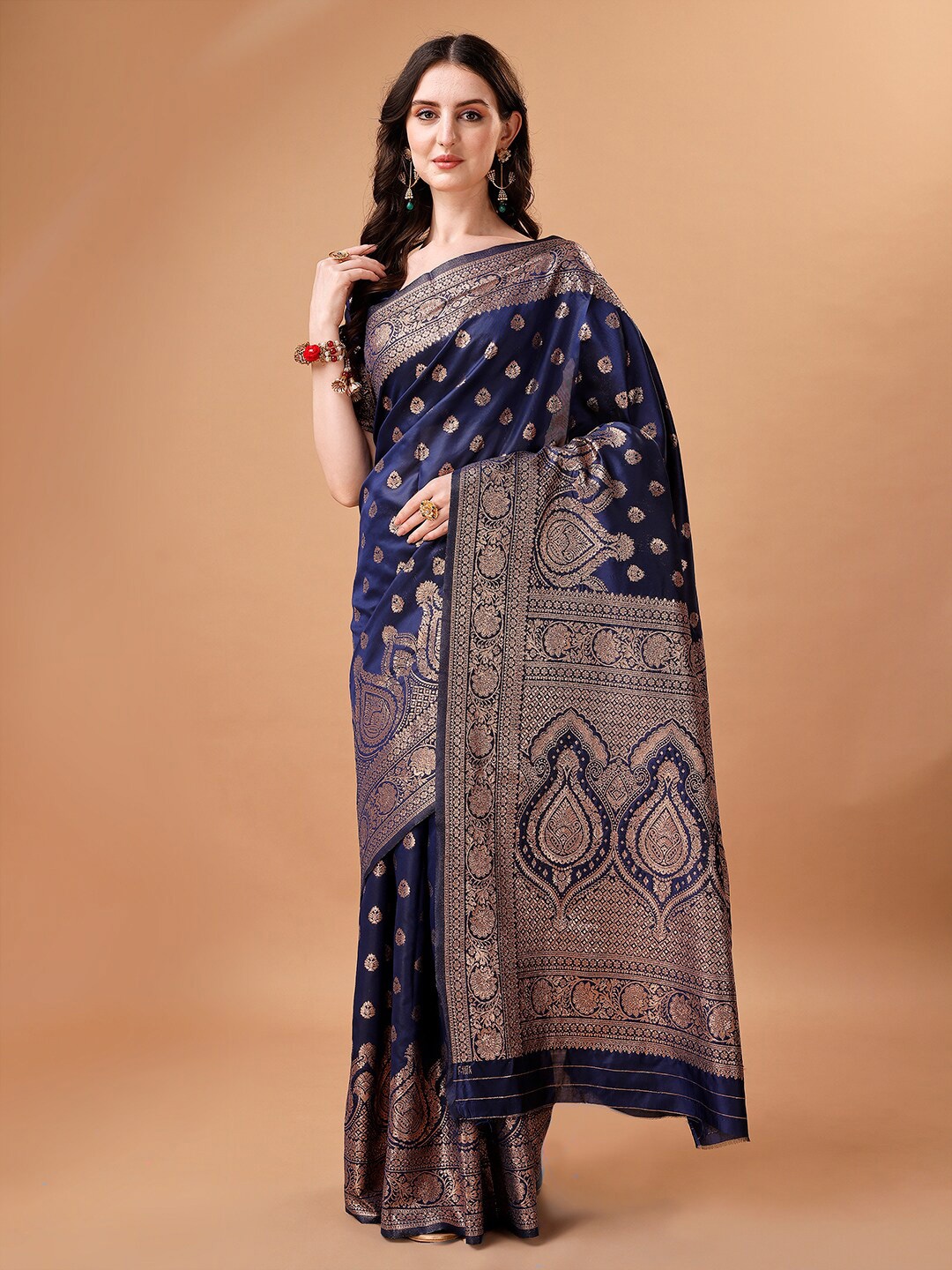 

DIVASTRI Ethnic Motifs Woven Design Zari Banarasi Saree, Navy blue