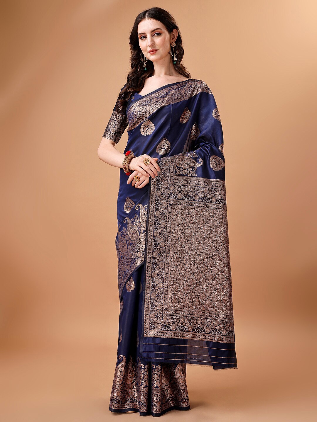 

DIVASTRI Ethnic Motifs Woven Design Zari Banarasi Saree, Navy blue