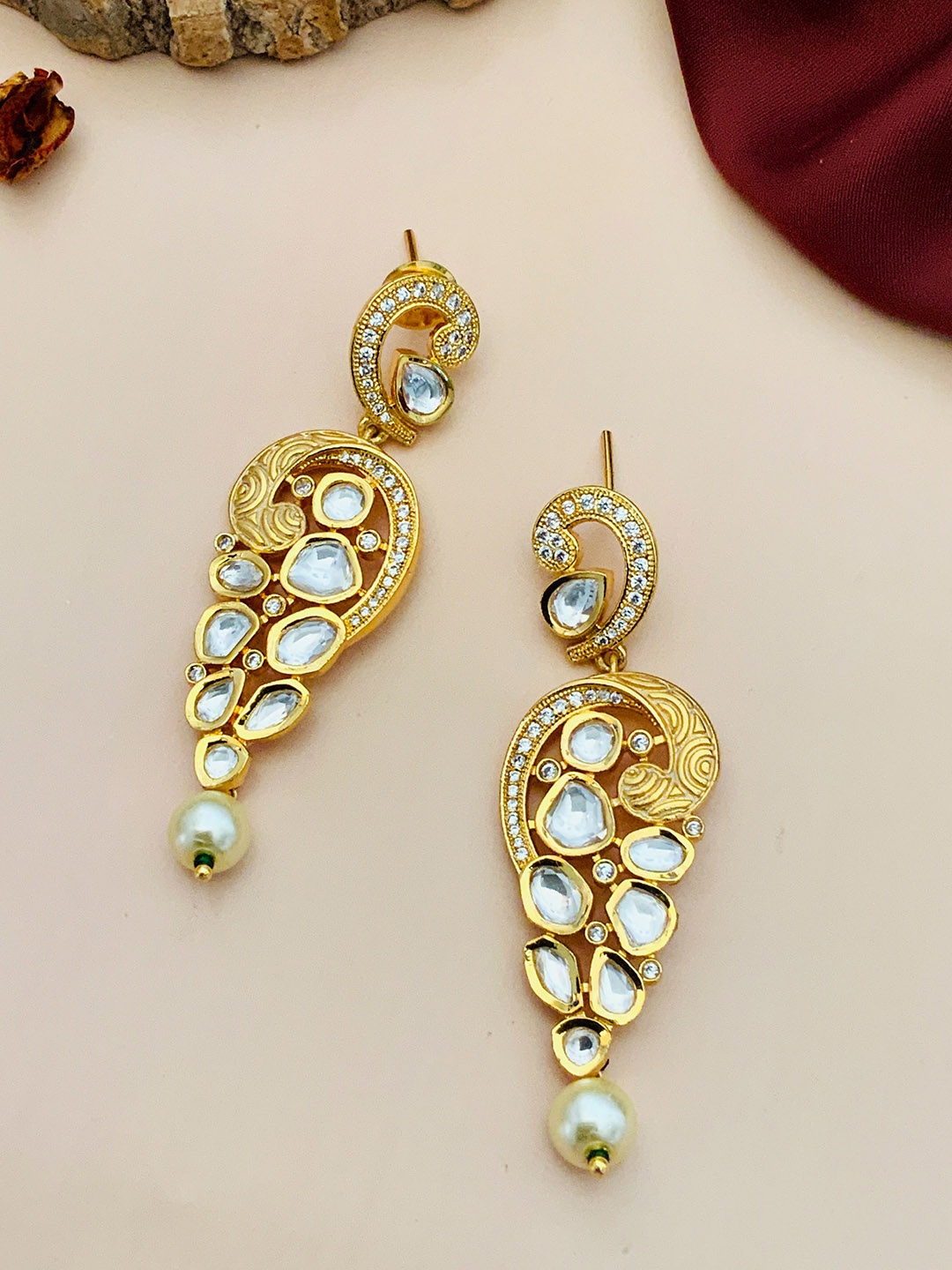 

ABDESIGNS Gold-Plated Kundan Studded Classic Drop Earrings