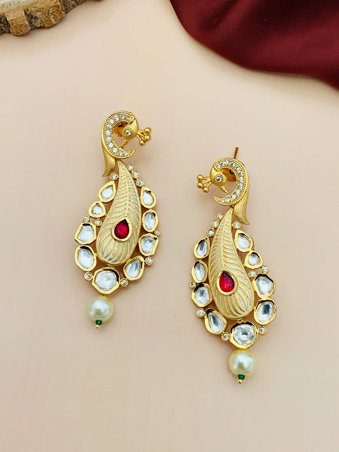 

ABDESIGNS Gold-Plated Kundan Studded Classic Drop Earrings