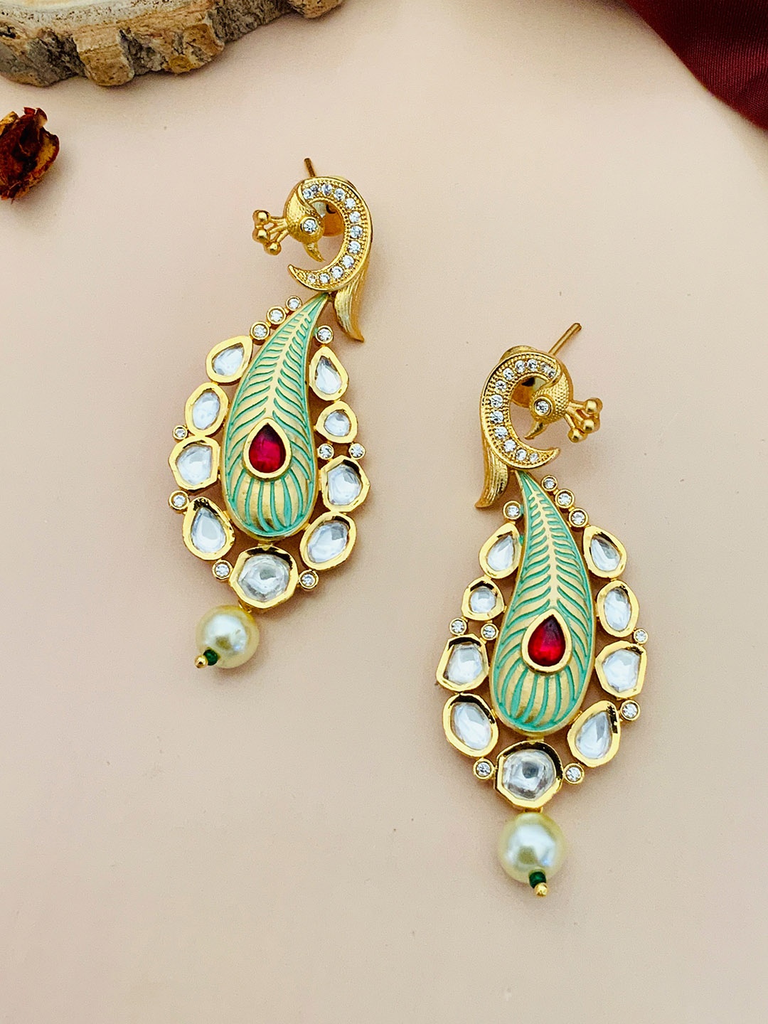 

ABDESIGNS Gold-Plated Kundan-Studded Classic Drop Earrings