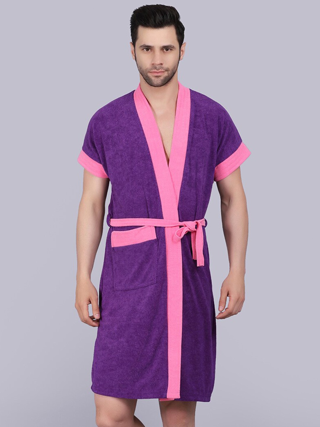 

POORAK Men Purple & Pink Short Sleeve Terry Bath Robe