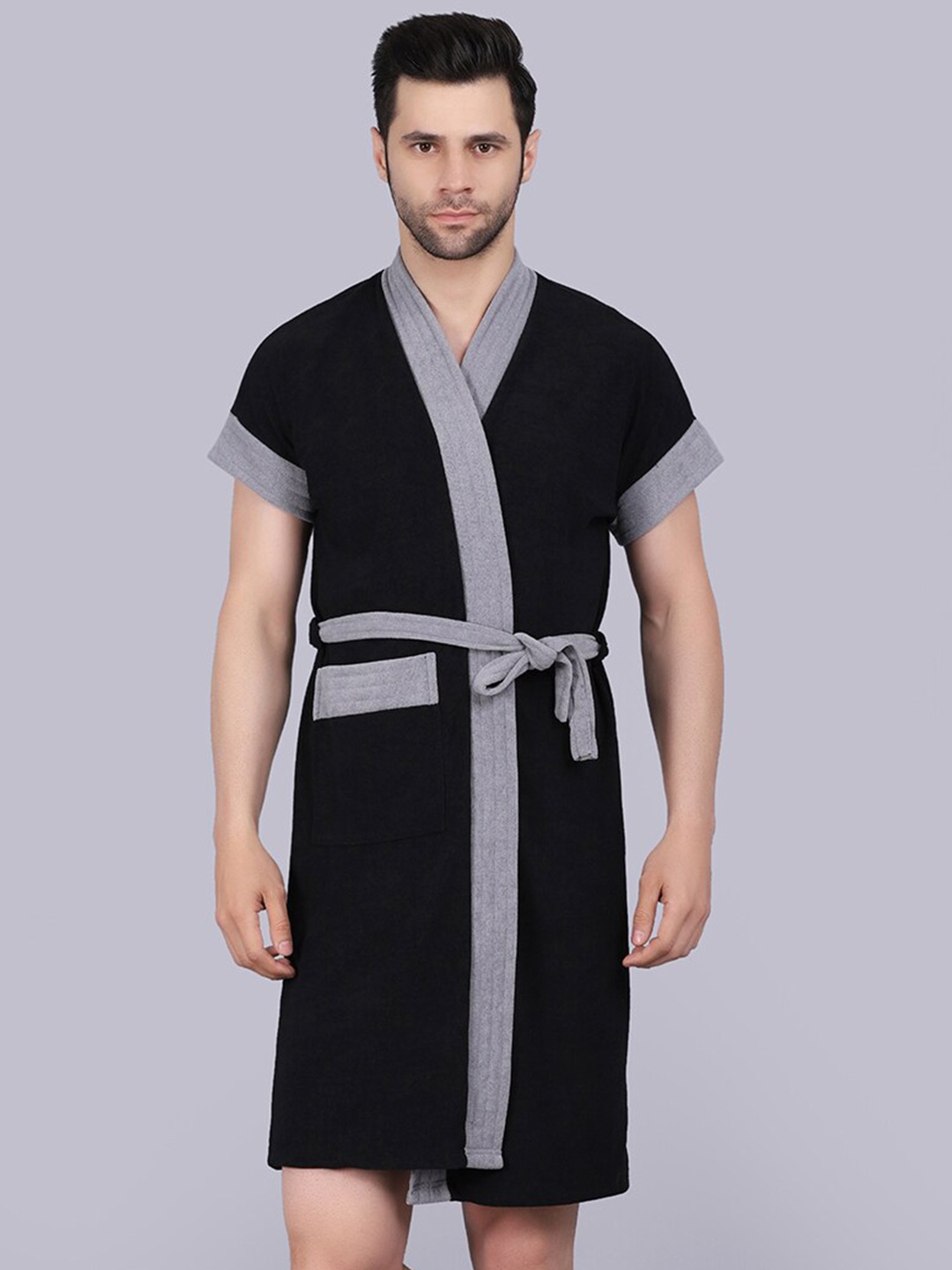 

POORAK Men Black & Grey Short Sleeves Terry Bath Robe