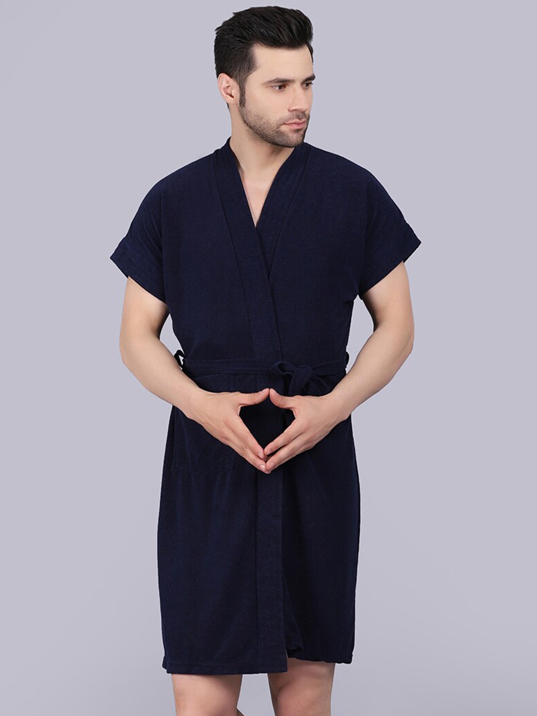 

POORAK Men Black Short Sleeves Terry Bath Robe, Navy blue