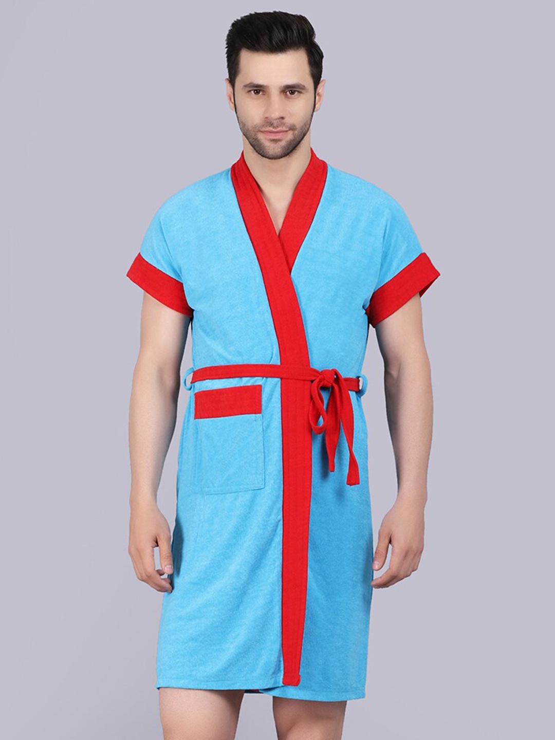 

POORAK Men Blue & Red Short Sleeves Terry Bath Robe