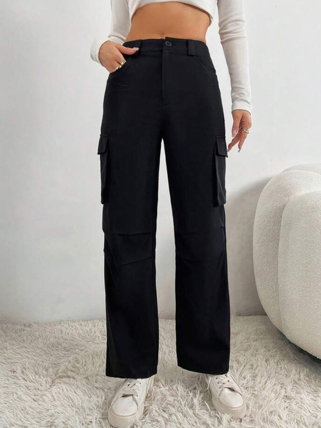 

BROADSTAR Women Smart Straight Fit High-Rise Easy Wash Cargos Trouser, Black