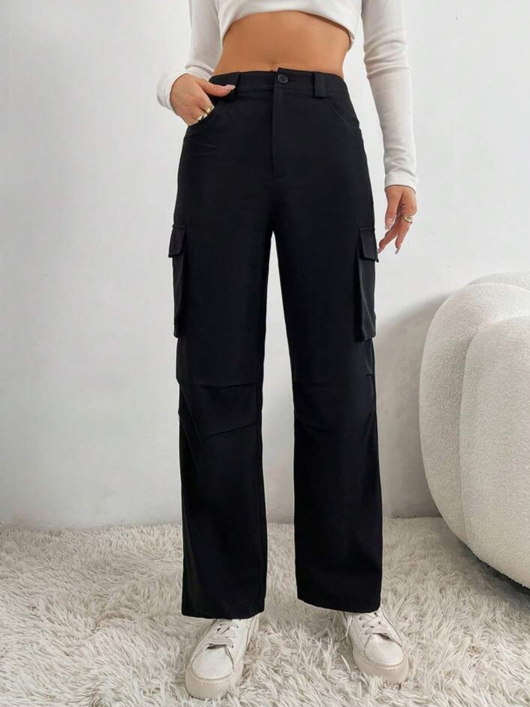 

BROADSTAR Women Smart Straight Fit High-Rise Lyocell Easy Wash Cargos, Black