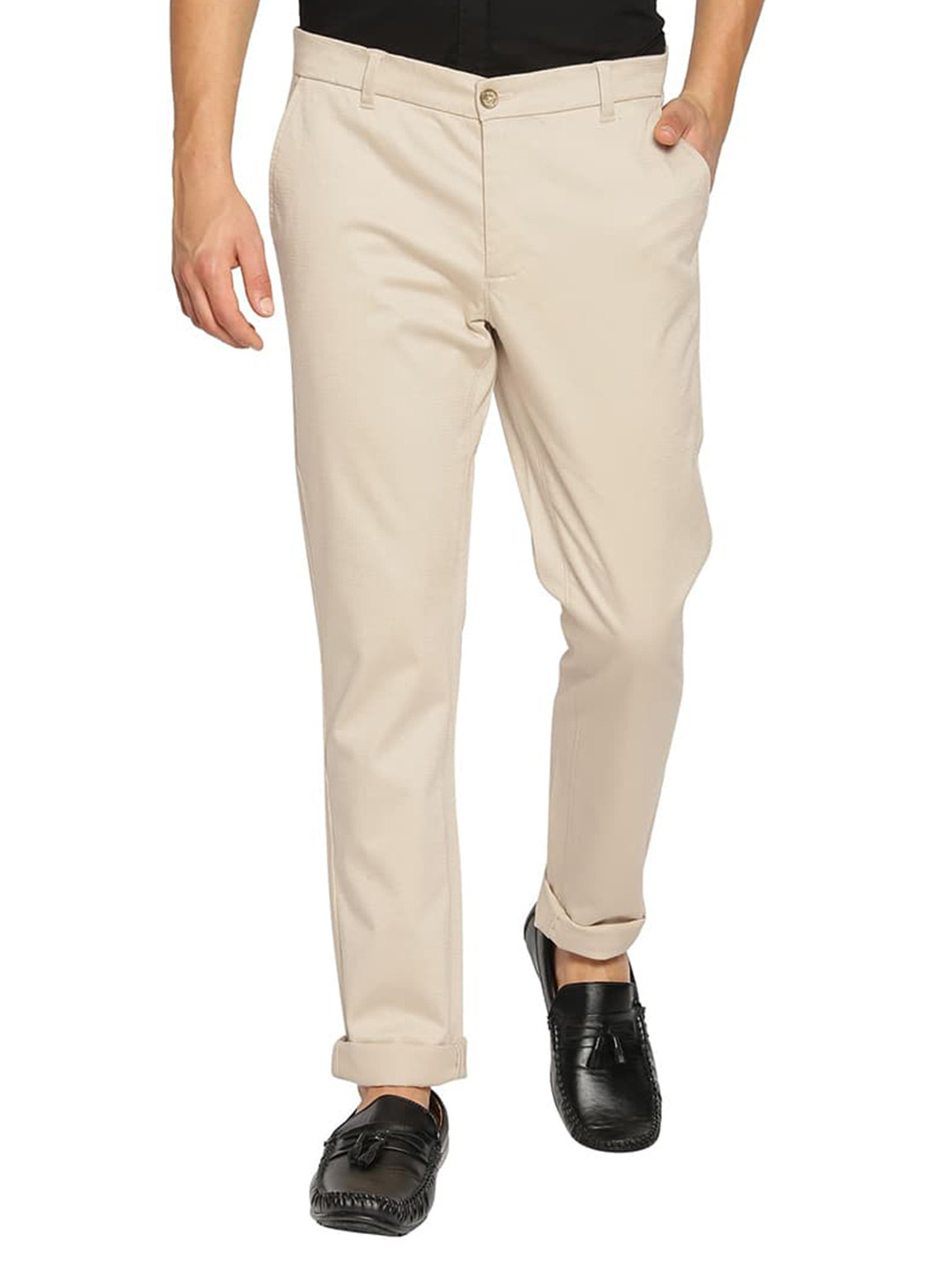 

Basics Men Tapered Fit Mid-Rise Cotton Casual Trousers, Beige