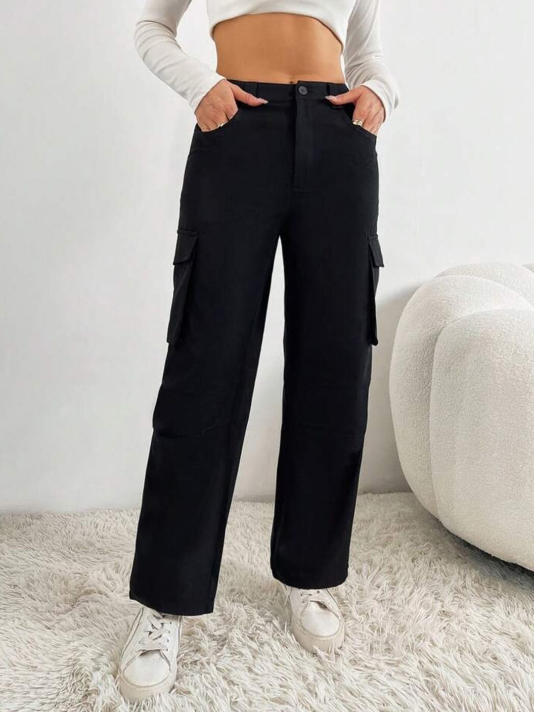 

Next One Women Smart Baggy Fit High-Rise Stretchable Cargos, Black