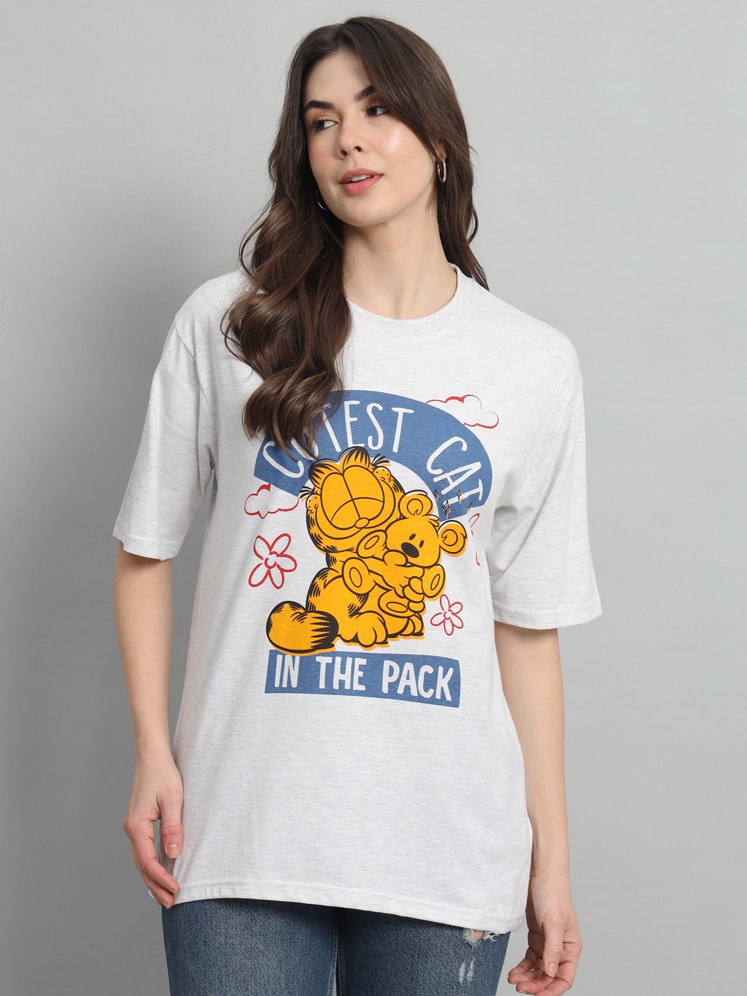 

COLOR CAPITAL Garfield Printed Oversized Cotton T-shirt, Grey melange