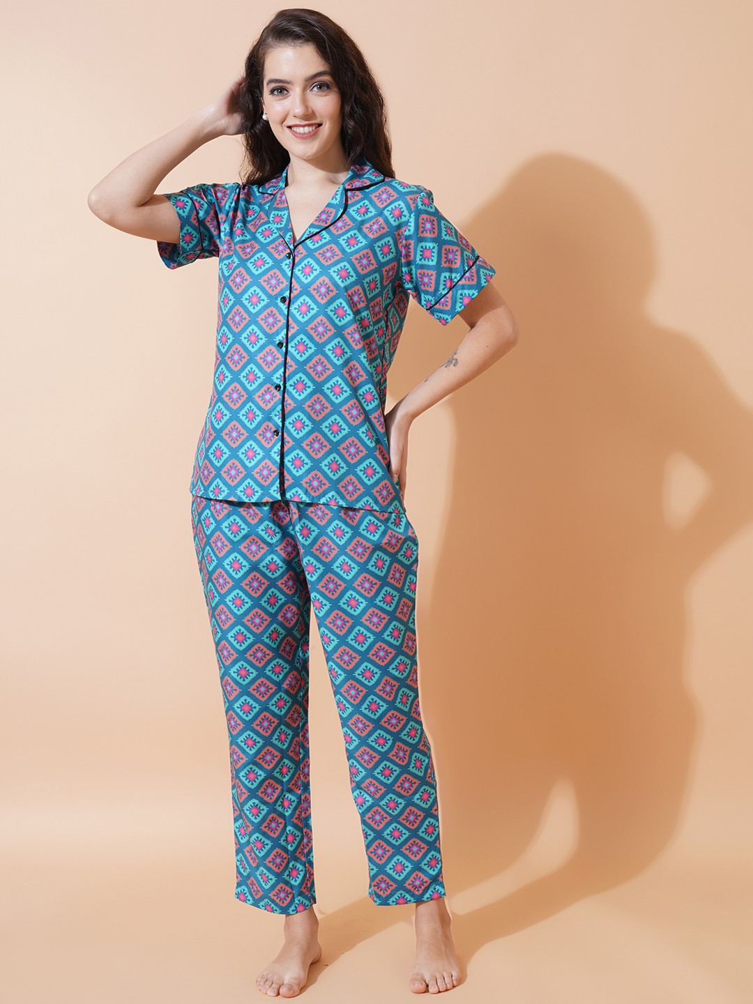 

Fbella Women Ethnic Motif Printed Night Suit, Blue