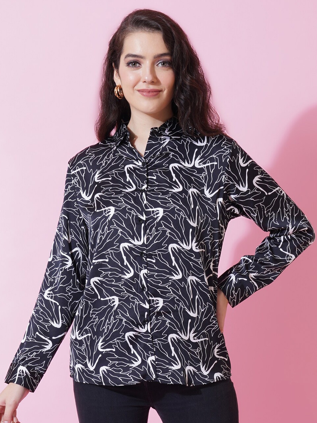 

Fbella Modern Tailored Fit Abstract Printed Satin Shirt, Black