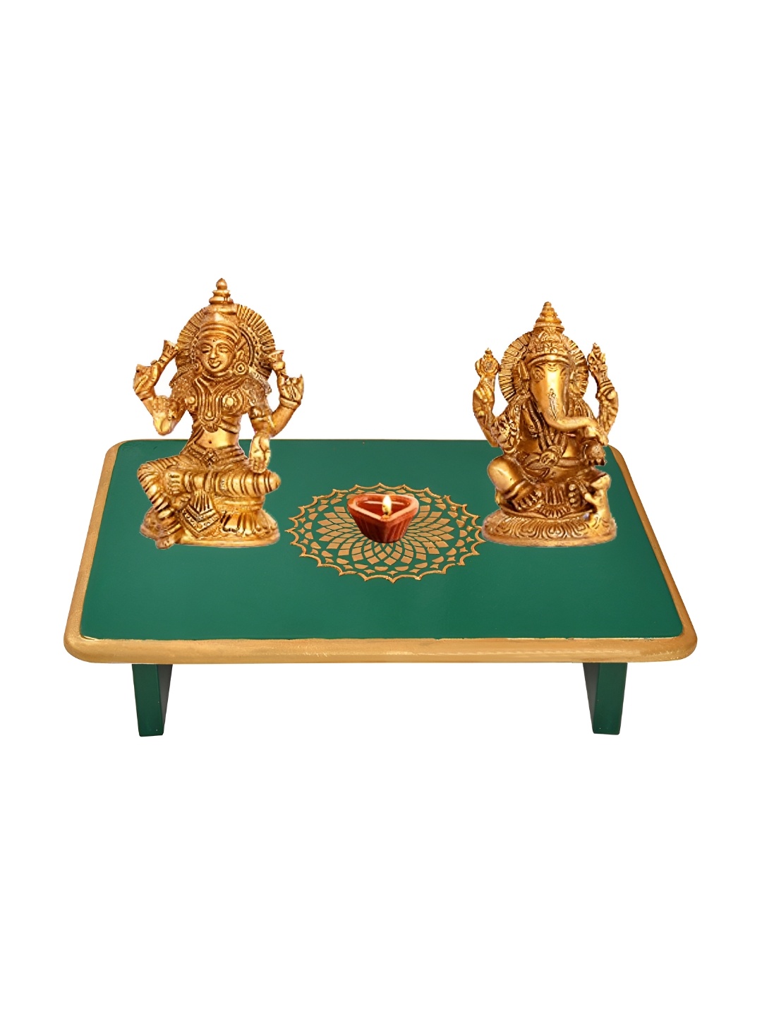 

Lal Haveli Green & Gold Toned Floral Printed Rectangle Wooden Pooja Chowkie