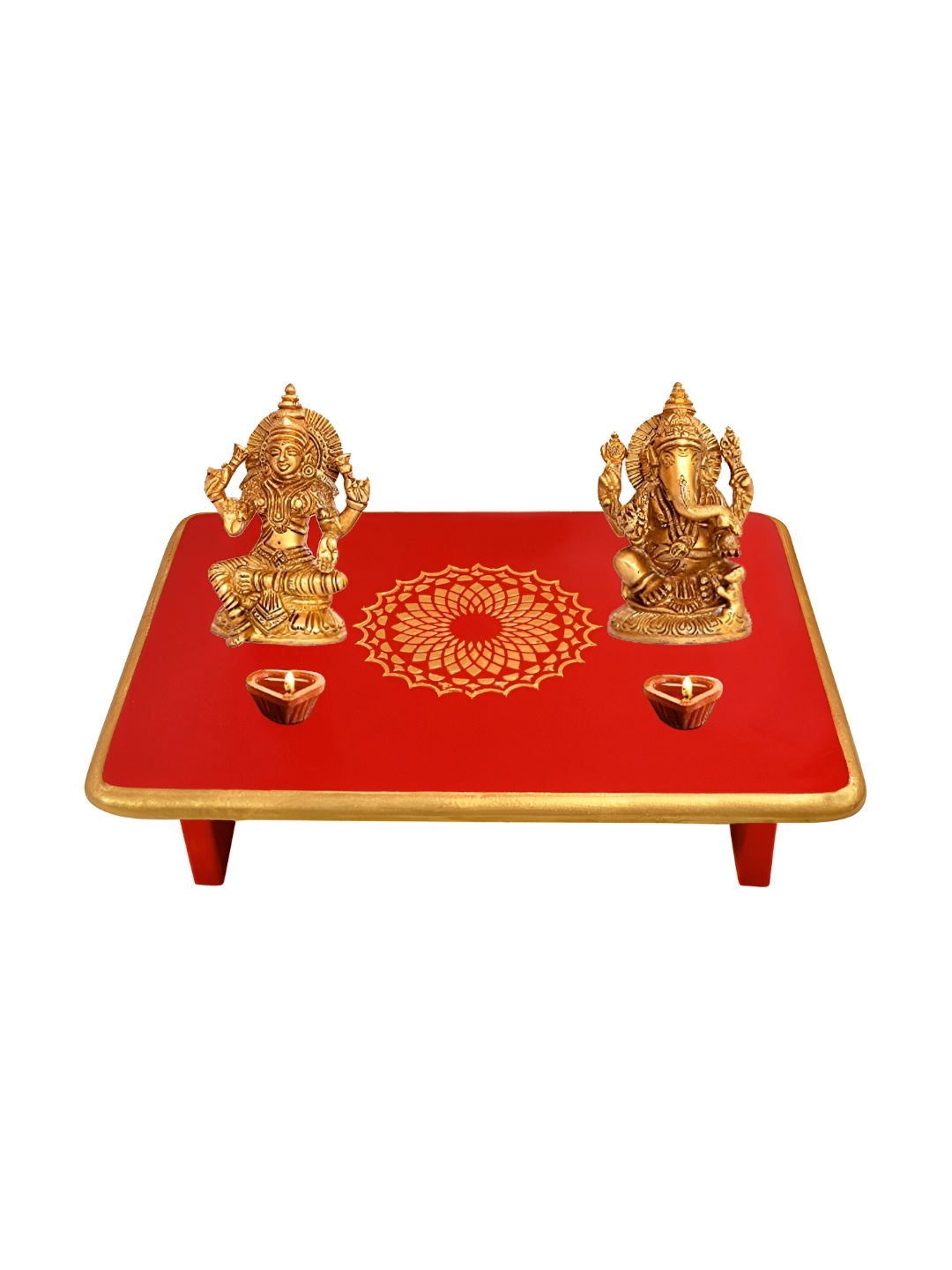 

Lal Haveli Green & Gold Toned Floral Printed Rectangle Wooden Pooja Chowkie, Red