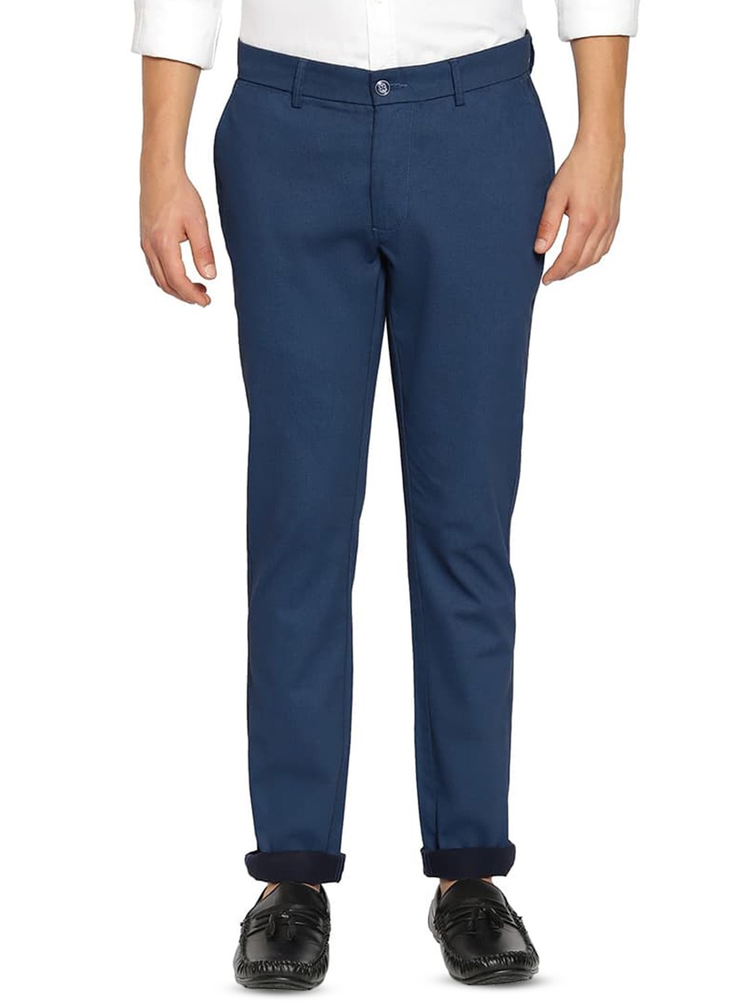

Basics Men Cotton Tapered Fit Chinos Satin Stretch Trousers, Blue