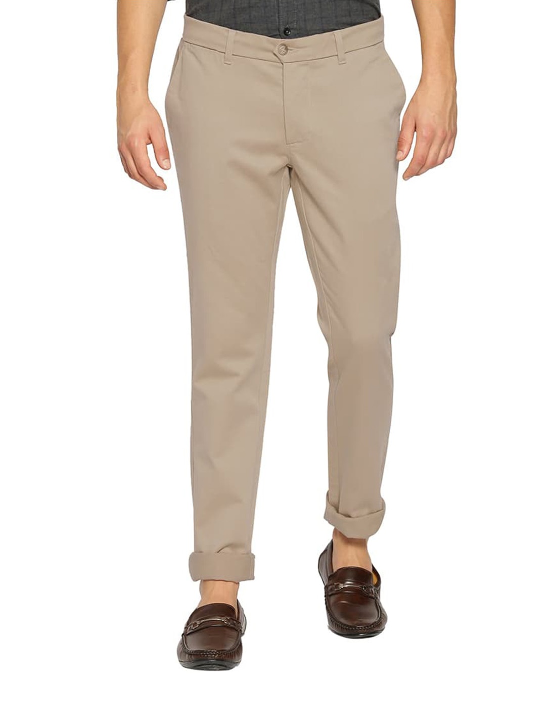 

Basics Men Mid-Rise Plain Cotton Tapered Fit Chinos Trousers, Khaki