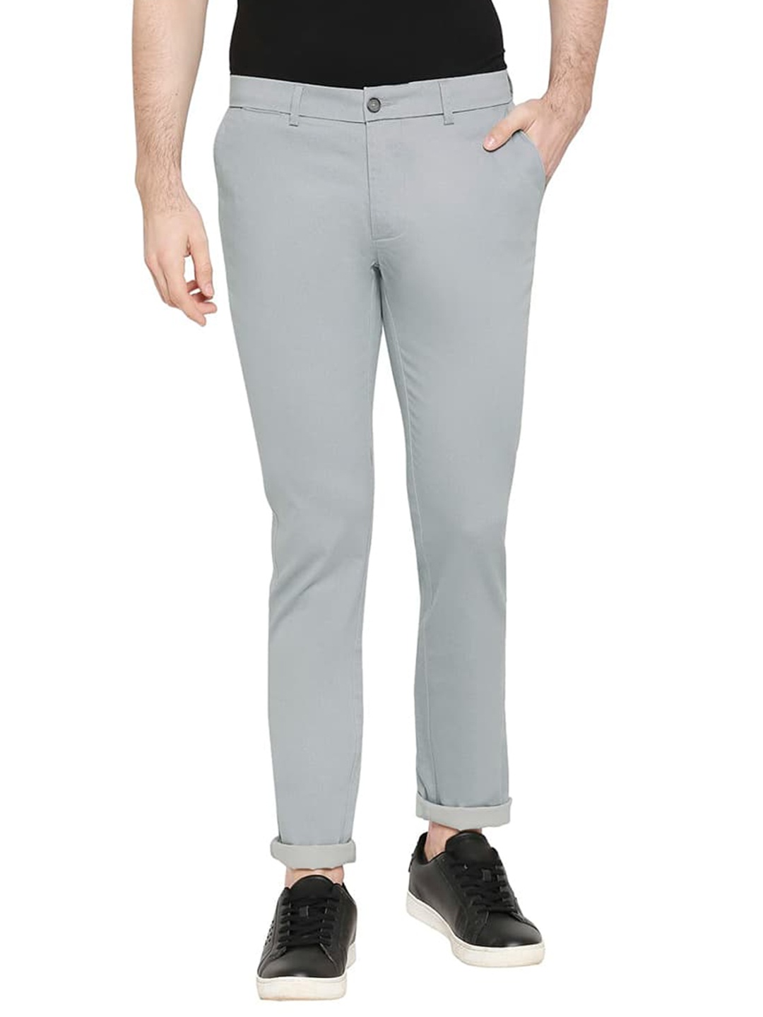 

Basics Men Mid-Rise Flat-Front Cotton Tapered Fit Trousers, Grey