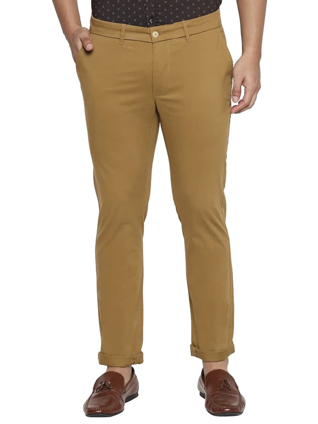 

Basics Men Mid-Rise Plain Cotton Tapered Fit Chinos Trousers, Khaki