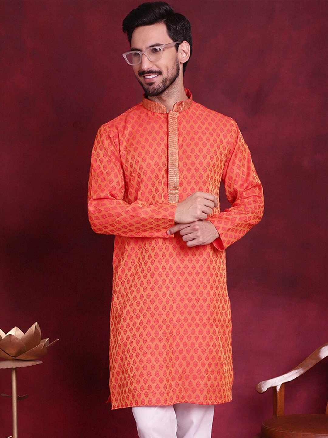 

Anouk Orange Ethnic Motifs Woven Design Mandarin Collar Cotton Silk Straight Kurta