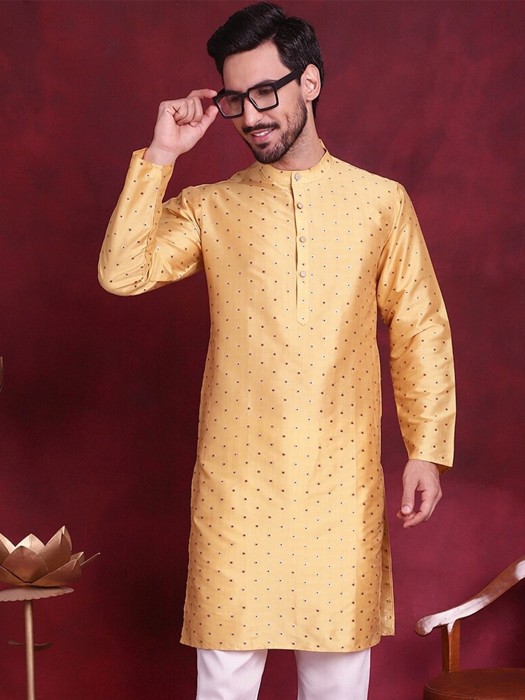 

Anouk Yellow Ethnic Motifs Jacquard Woven Design Band Collar Cotton Silk Straight Kurta