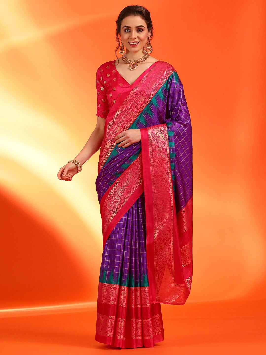 

Saree mall Checked Zari Silk Blend Pochampally Sarees, Purple