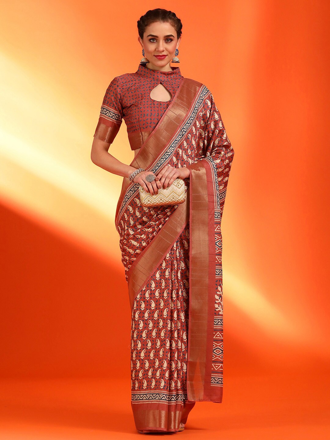 

Saree mall Ethnic Motifs Zari Silk Blend Dabu Sarees, Rust