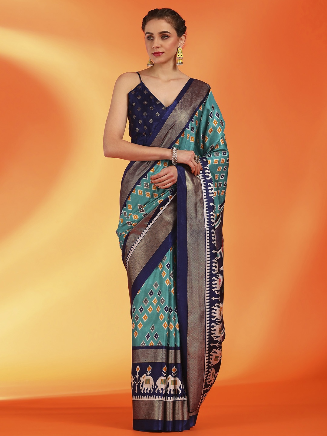 

Saree mall Ethnic Motifs Zari Silk Pochampally Sarees, Blue