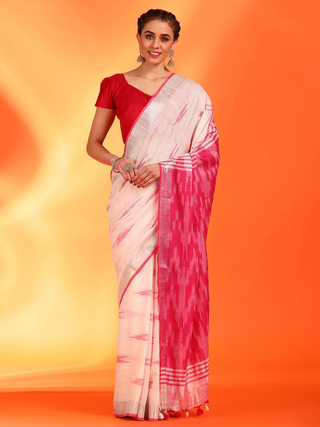 

Saree mall Geometric Printed Cotton Zari Pochampally Sarees, White