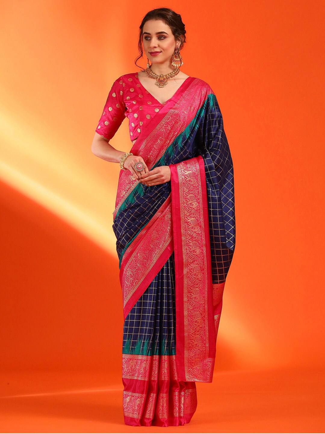 

Saree mall Checked Zari Silk Blend Pochampally Sarees, Navy blue