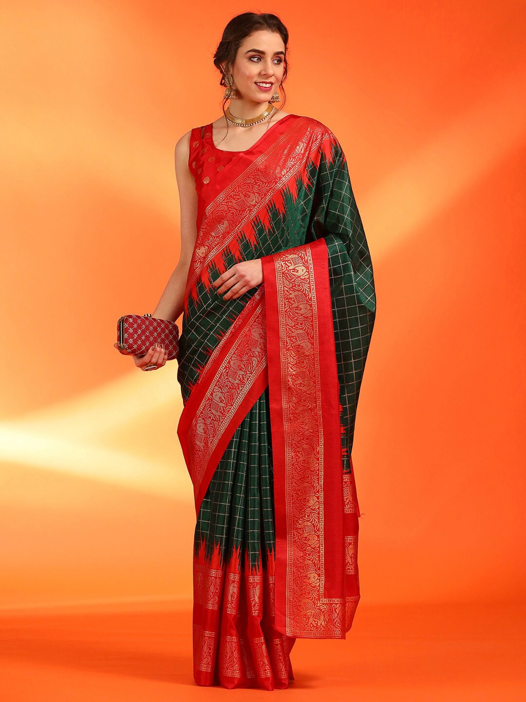 

Saree mall Checked Zari Silk Blend Pochampally Sarees, Green