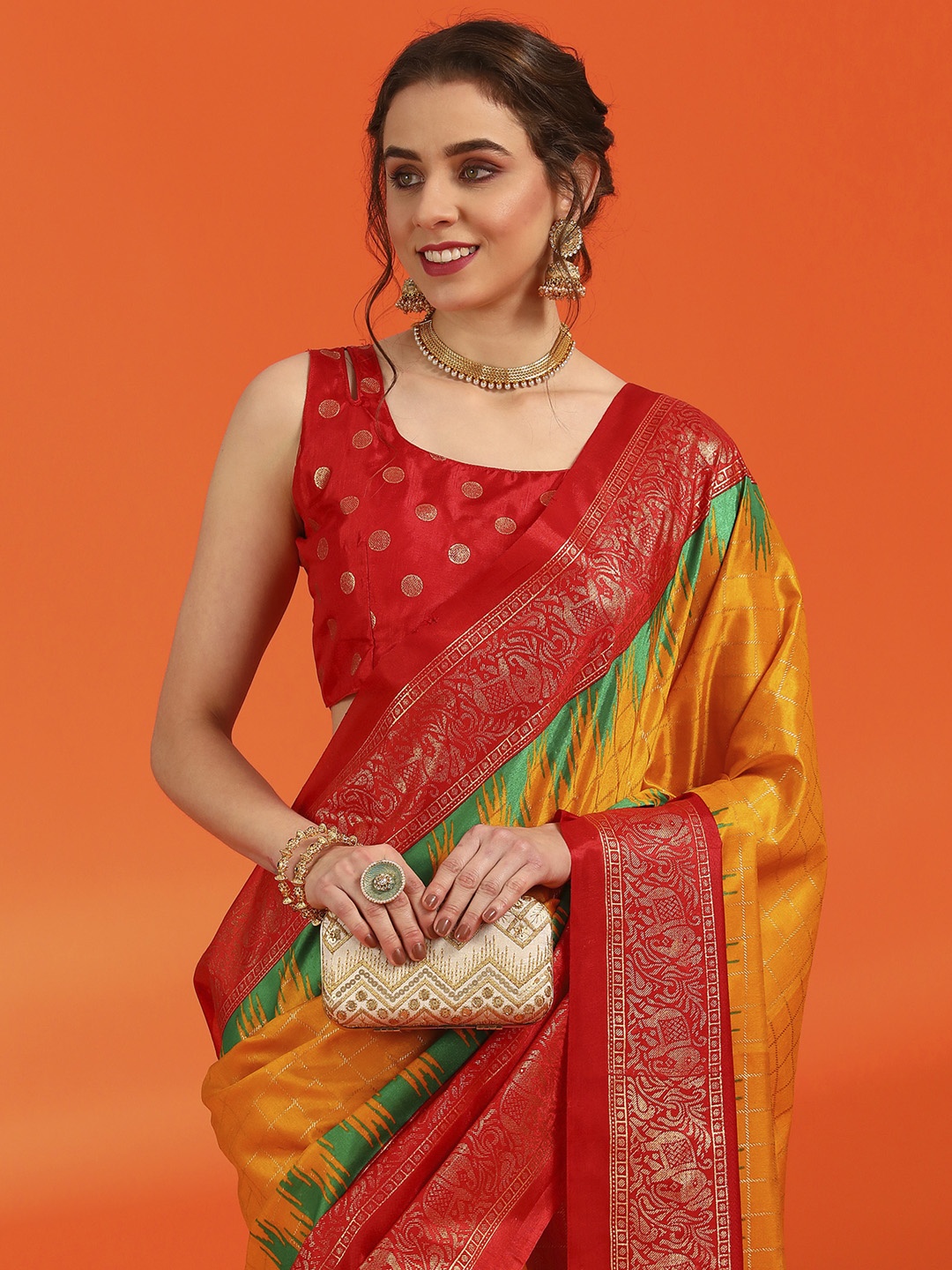 

Saree mall Woven Design Zari Silk Blend Pochampally Sarees, Yellow