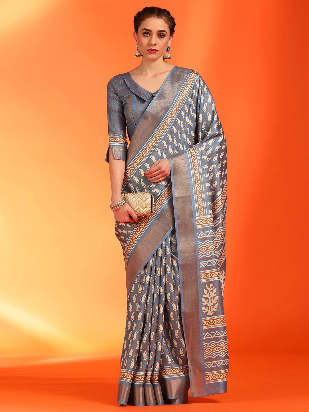 

Saree mall Ethnic Motifs Printed Zari Silk Blend Dabu Sarees, Grey