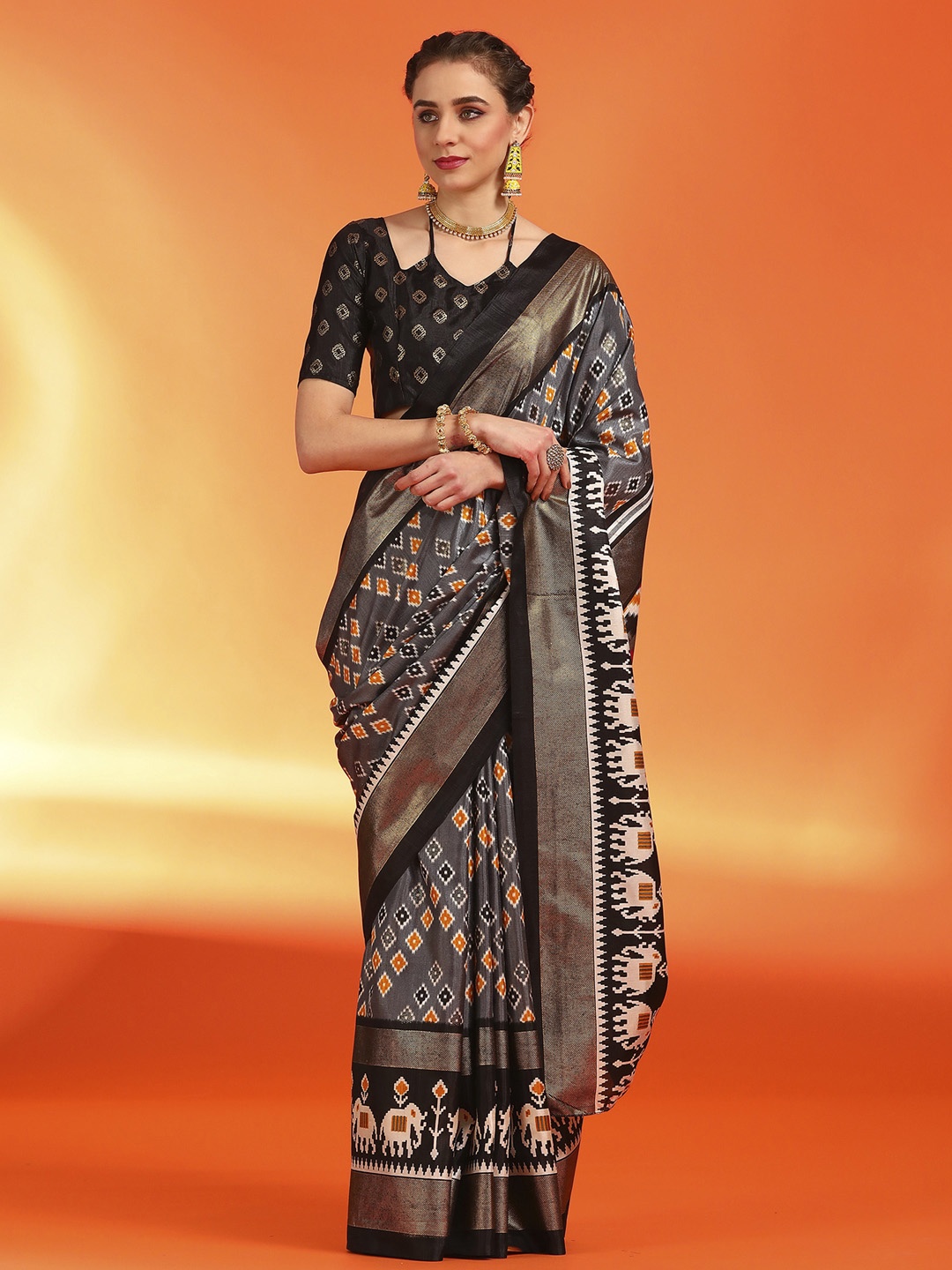 

Saree mall Ethnic Motifs Zari Silk Blend Pochampally Sarees, Grey
