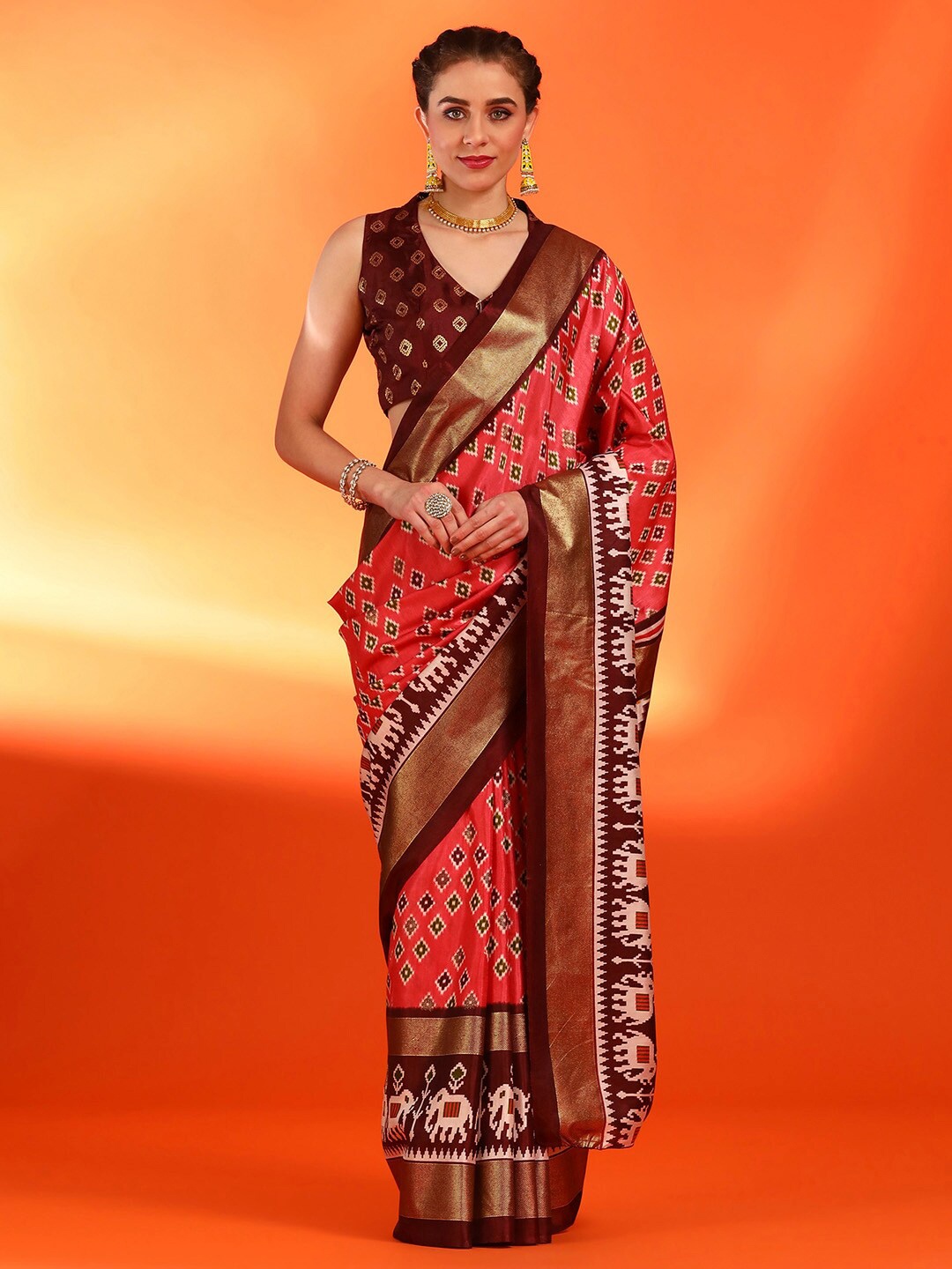 

Saree mall Ethnic Motifs Zari Silk Blend Pochampally Sarees, Red