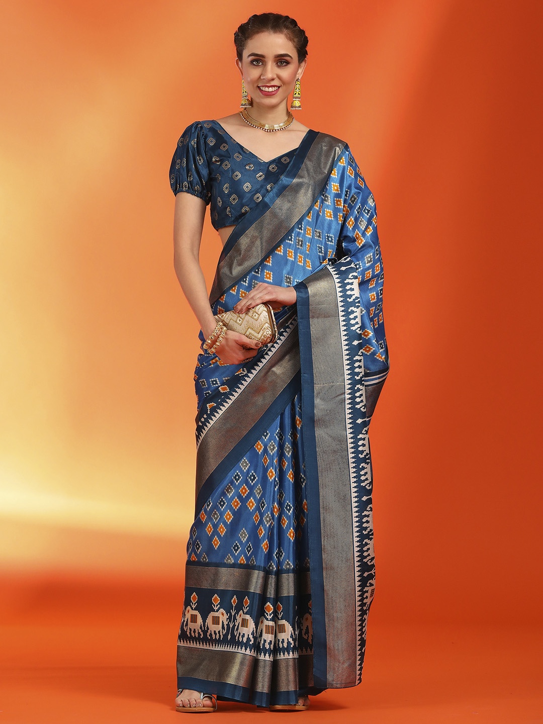 

Saree mall Ethnic Motifs Zari Silk Blend Pochampally Sarees, Blue