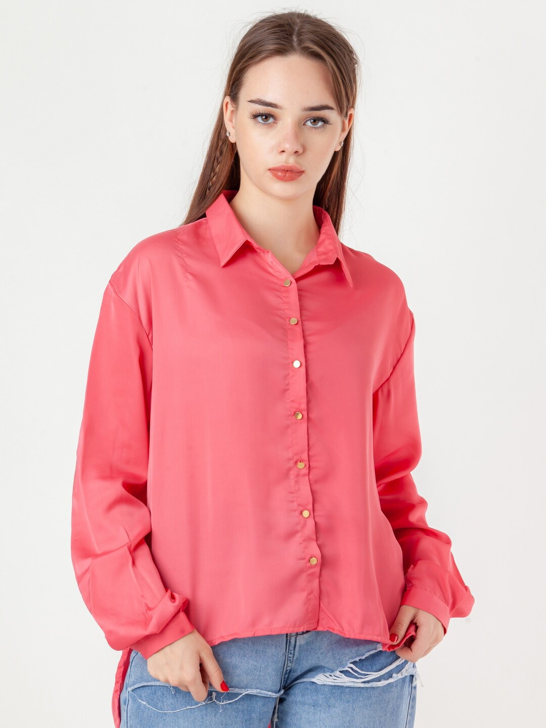 

Zink London Drop-Shoulder Sleeves Casual Shirt, Pink